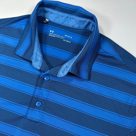 Under Armour Polo Shirt Men's Large Blue Striped Golf Polo HeatGear Loose - Picture 1 of 7